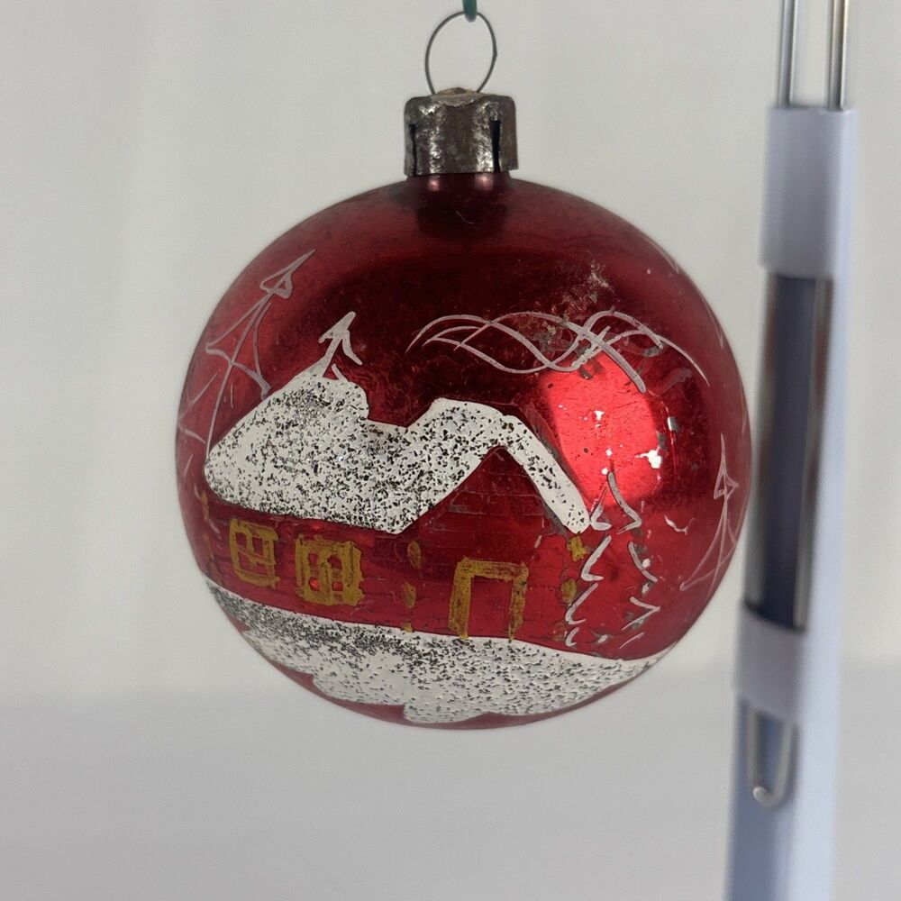 Vintage Mercury Glass Christmas Ornament Cozy Log Cabin Czechoslovakia 2.5"